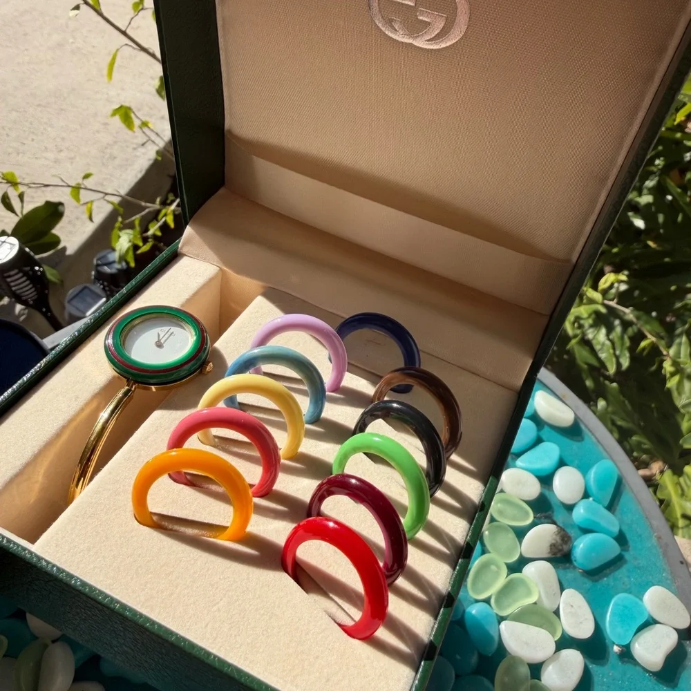 Gucci Gold Watch with Multicolor Ring Set